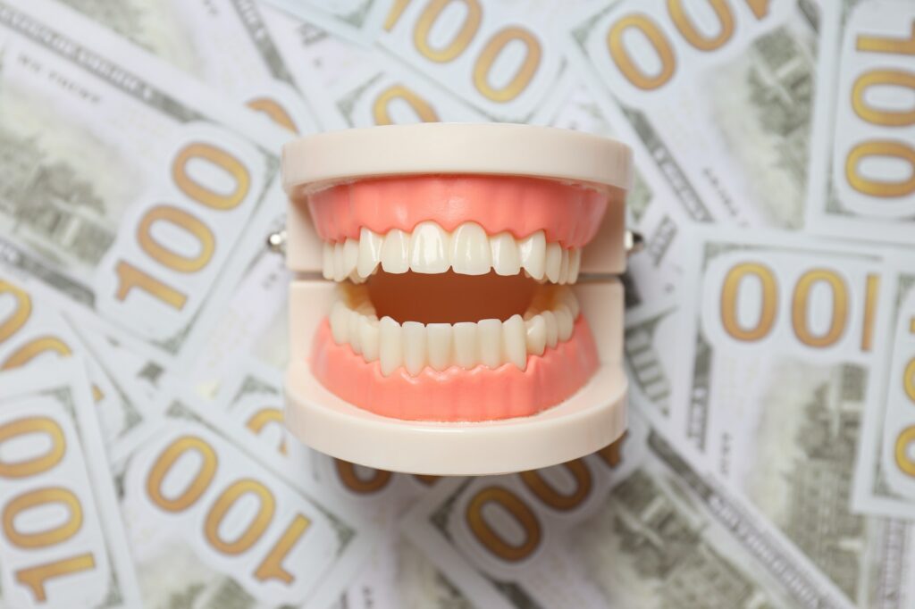 Dental mockup of teeth and money, close up