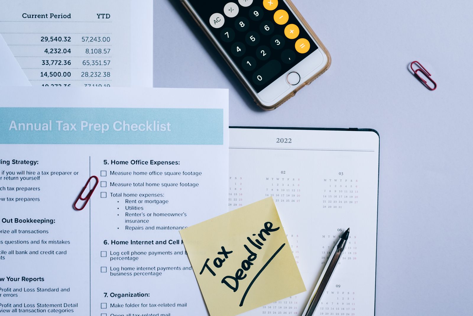 Tax planning checklist, calendar and calculator on a desk, illustrating year-end tax planning for dentists
